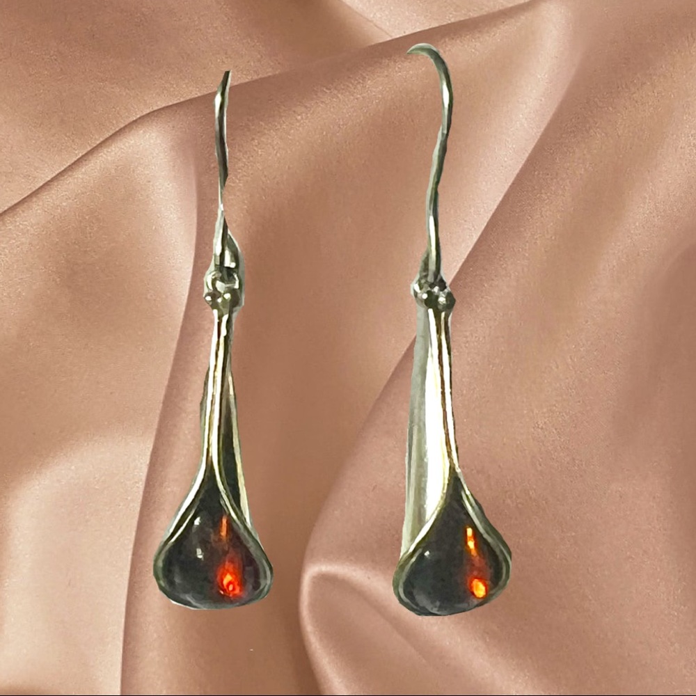 Sterling Silver Calla Lily Dangle Earrings w/ AmberCenters 1.5”